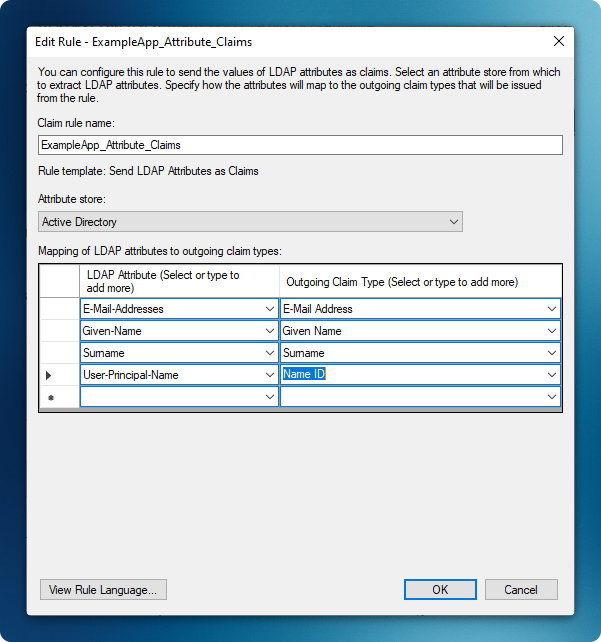 Edit Rule dialog mapping LDAP attributes to outgoing claim types for email, given name, surname, and name ID