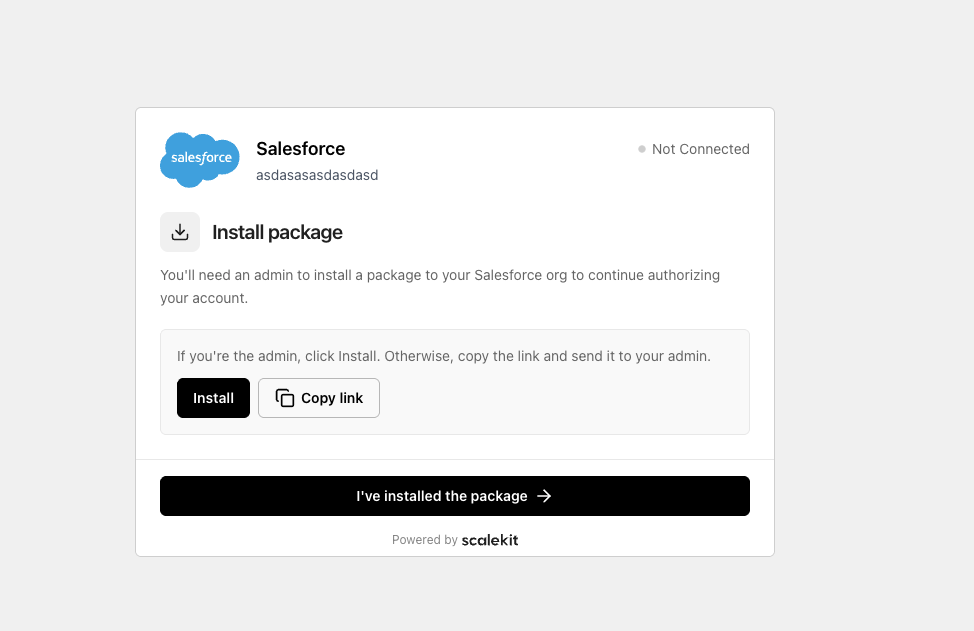 Scalekit magic link — "Install package" screen showing the Install button, Copy link option, and the "I've installed the package" confirmation button