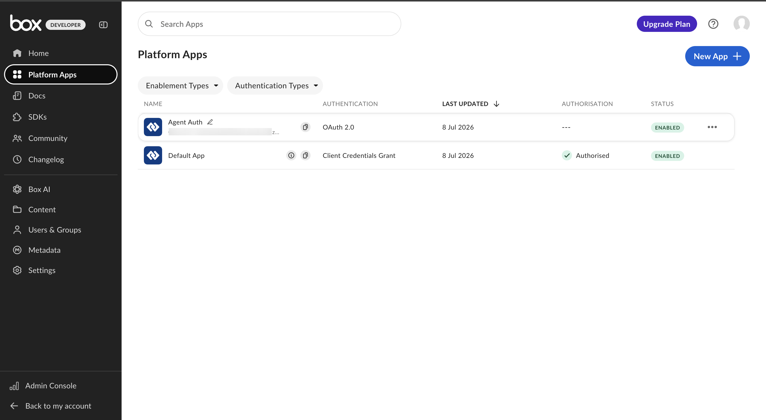 Box Platform Apps list showing an app configured with OAuth 2.0 authentication