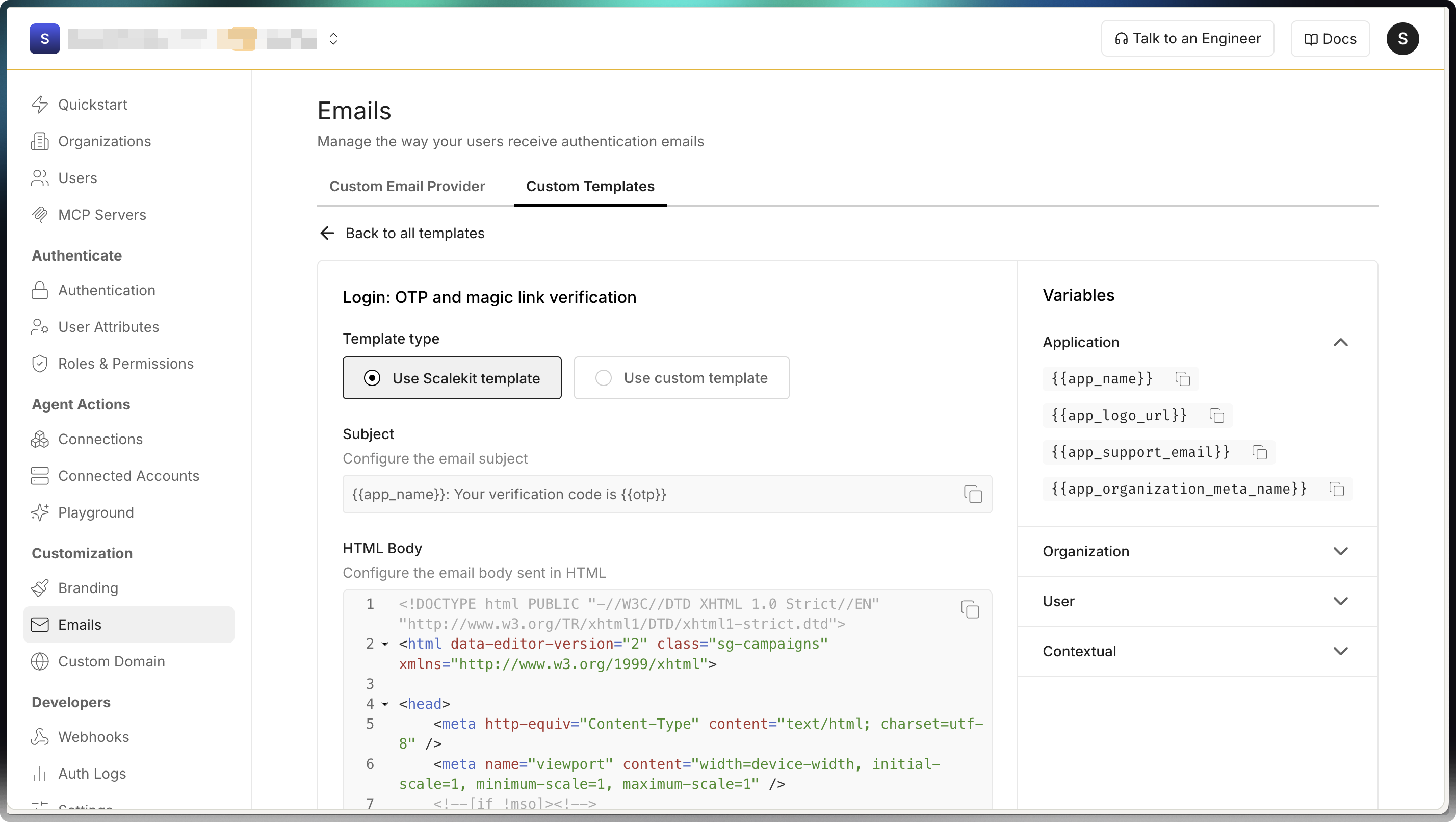 Email template editor for a login verification email, with options to use the Scalekit or custom template, editable subject and HTML body, and a list of available variables